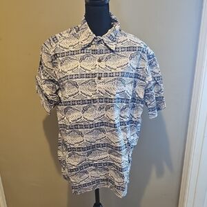 Men's Blue and White Hawaiian Shirt - Reyn Spooner Size L